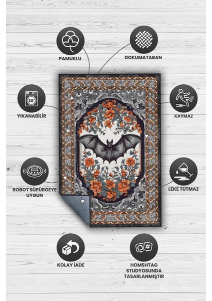 Nuh'un Gemisi Koleksiyonu Yarasa Çiçek Desenli Temalı Vintage Renkli Maksimalist Halı