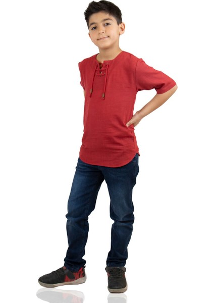 Kısa Kol Şile Bezi Zımbalı Erkek Çocuk T-Shirt Bordo