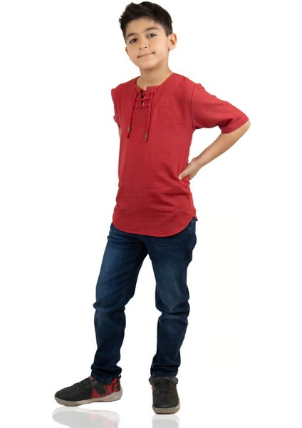 Kısa Kol Şile Bezi Zımbalı Erkek Çocuk T-Shirt Bordo