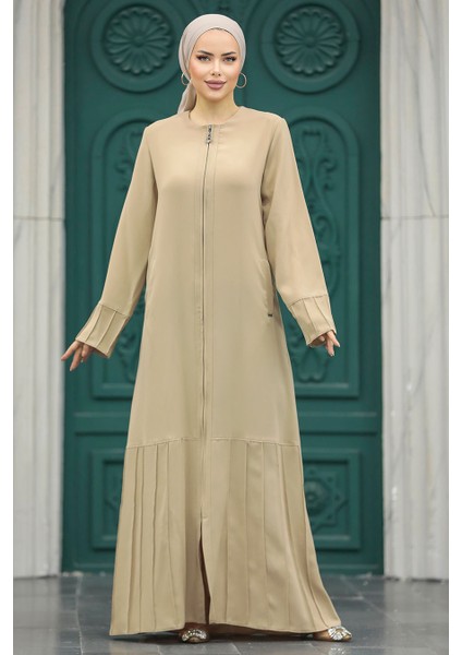 Fermuarlı Bej Tesettür Ferace 20018Bej
