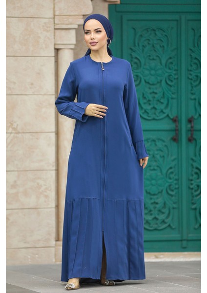 Fermuarlı Indigo Mavisi Tesettür Ferace 20018Im