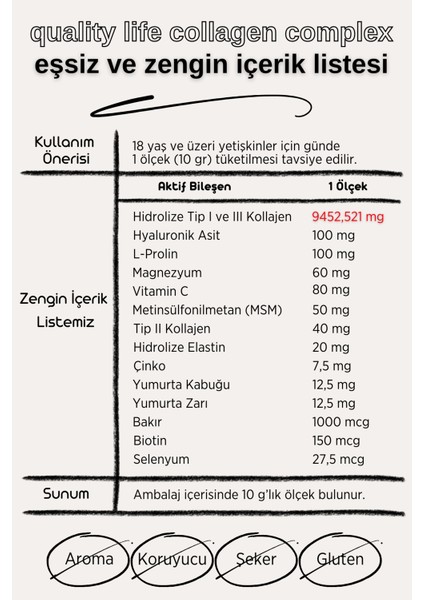 Quality Life Collagen Complex Saf Toz 300 Gr Tip1 Tip2 Tip3 Tip5 Tıp10 Hidrolize Kolajen Peptit Magnezyum Msm Çinko Bakır Selenyum Biotin