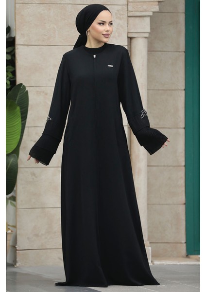 Fermuarlı Siyah Tesettür Ferace 20028S