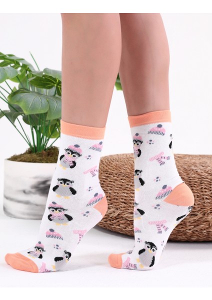 Penguen Desenli Beyaz Renkli Çorap