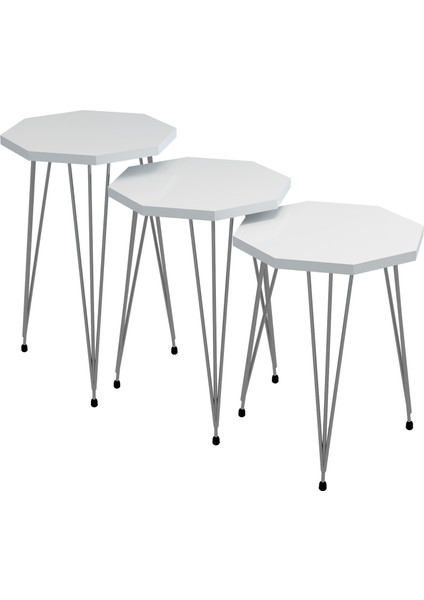 3'lü Zigon Sehpa Gümüş Serisi Sekizgen Model Zigon Sehpa Gümüş Metal Tel Ayak Zigon