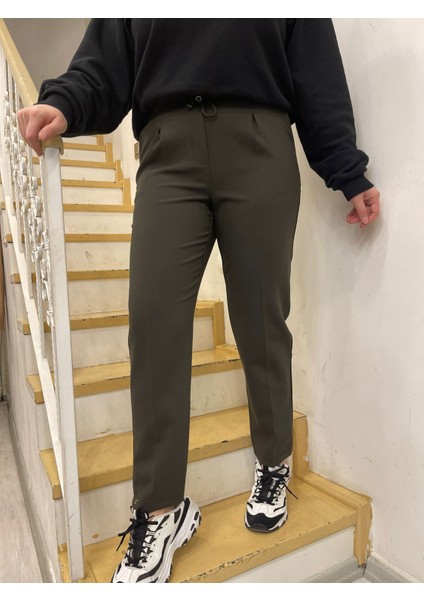 Büyük Beden Beli Lastikli Haki Kumaş Pantolon