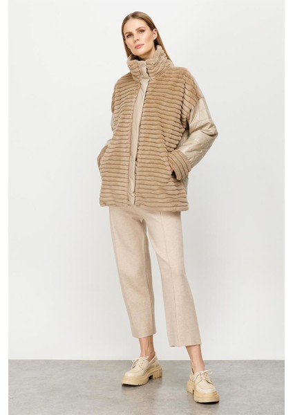 Kürk Kombinli Kapitone Mont-Bej