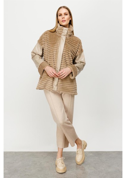 Kürk Kombinli Kapitone Mont-Bej indirimleri