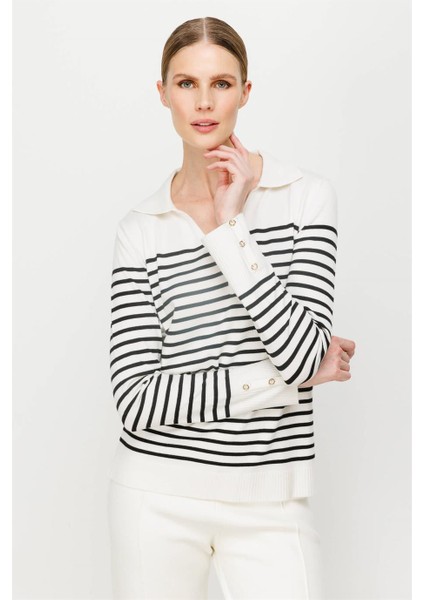 V Yaka Çizgili Triko Bluz-Ekru - Siyah