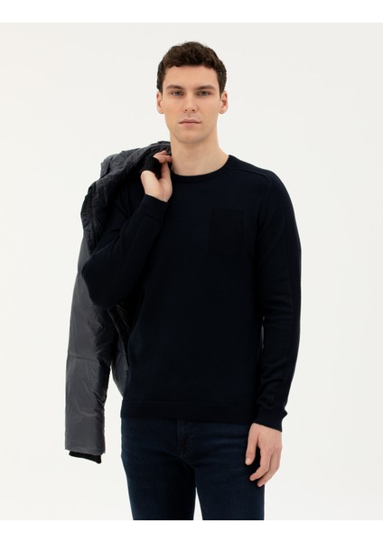 Erkek Koyu Lacivert Slim Fit Bisiklet Yaka Triko Kazak 50281779-VR100