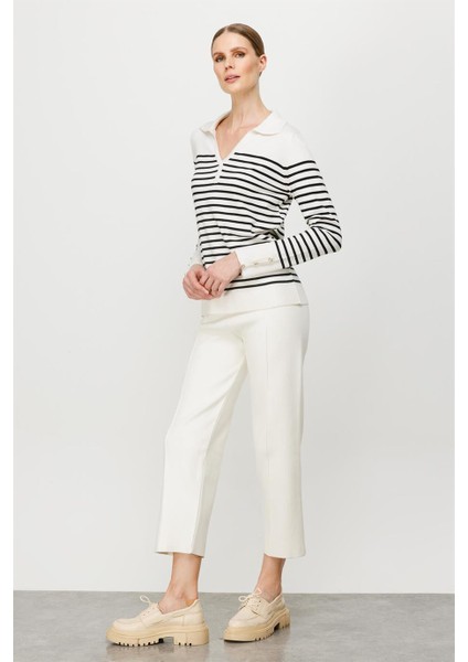 V Yaka Çizgili Triko Bluz-Ekru - Siyah fiyatları
