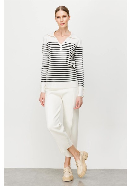 V Yaka Çizgili Triko Bluz-Ekru - Siyah modelleri
