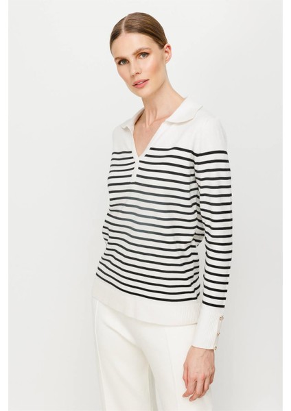 V Yaka Çizgili Triko Bluz-Ekru - Siyah fırsatları