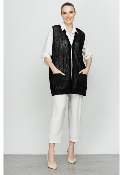 Çiçek Ajurlu Kısa Triko Yelek-Siyah fiyatları