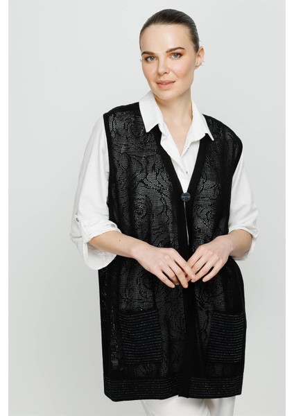 Çiçek Ajurlu Kısa Triko Yelek-Siyah modelleri