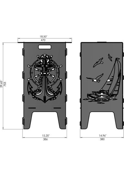 Ateş Çukuru Çapa ve Yelkenli Desenli Dekoratif Mangal