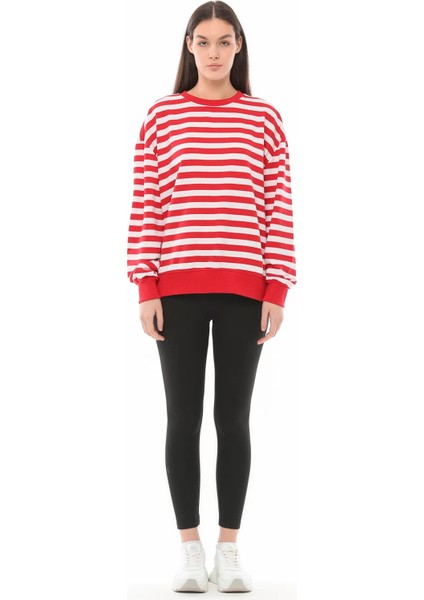 Kadın Bisiklet Yaka Oversize Fit Çizgili Sweatshirt Kırmızı-Beyaz