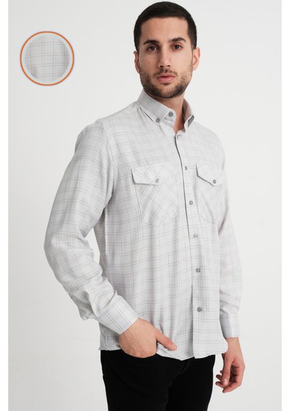 Erkek Gri Kapaklı Çift Cepli Uzun Kollu Kareli Keten Efektli Gömlek fiyatları