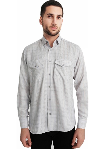 Erkek Gri Kapaklı Çift Cepli Uzun Kollu Kareli Keten Efektli Gömlek modelleri