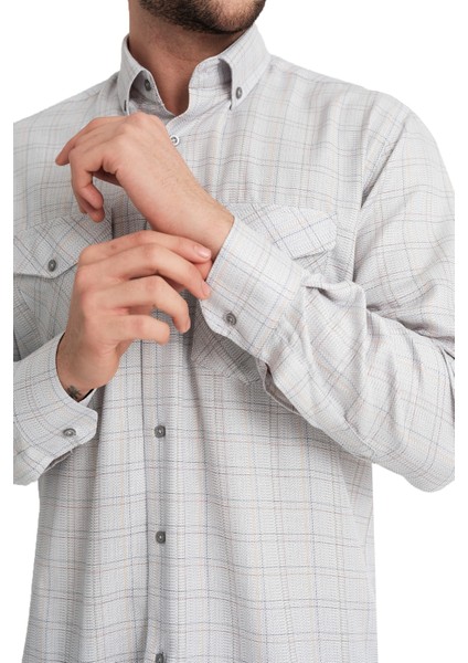 Erkek Gri Kapaklı Çift Cepli Uzun Kollu Kareli Keten Efektli Gömlek fırsatları