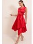 Kruvaze Yaka Bağcıklı Saten Elbise Kırmızı 1