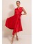 Kruvaze Yaka Bağcıklı Saten Elbise Kırmızı 2