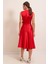 Kruvaze Yaka Bağcıklı Saten Elbise Kırmızı 5