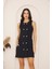 Lacivert Kolsuz Önü Düğmeli Tweed Elbise DM1010 1