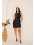 Lacivert Kolsuz Önü Düğmeli Tweed Elbise DM1010 2