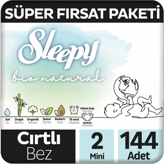 Sleepy Bio Natural Süper Fırsat Paketi Bebek Bezi 2 Numara Mini 144 Adet