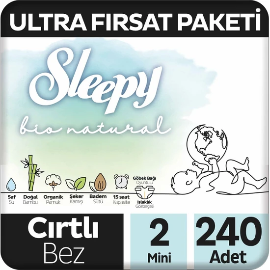 Sleepy Bio Natural Ultra Fırsat Paketi Bebek Bezi 2 Numara Mini 240 Adet