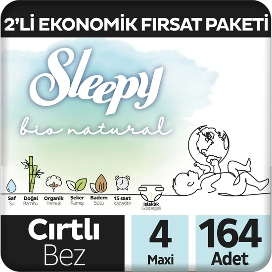 Sleepy Bio Natural 2'li Ekonomik Fırsat Paketi Bebek Bezi 4 Numara Maxi 164 Adet