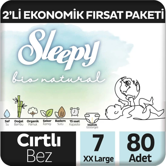 Sleepy Bio Natural 2'li Ekonomik Fırsat Paketi Bebek Bezi 7 Numara Xxlarge 80 Adet