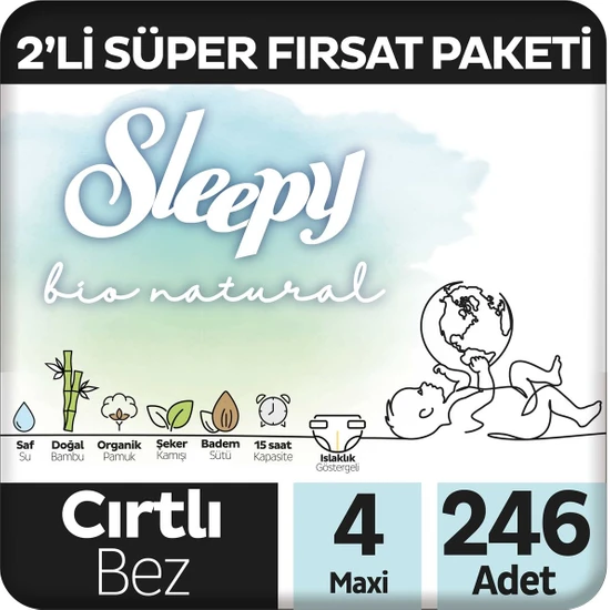 Sleepy Bio Natural 2'li Süper Fırsat Paketi Bebek Bezi 4 Numara Maxi 246 Adet