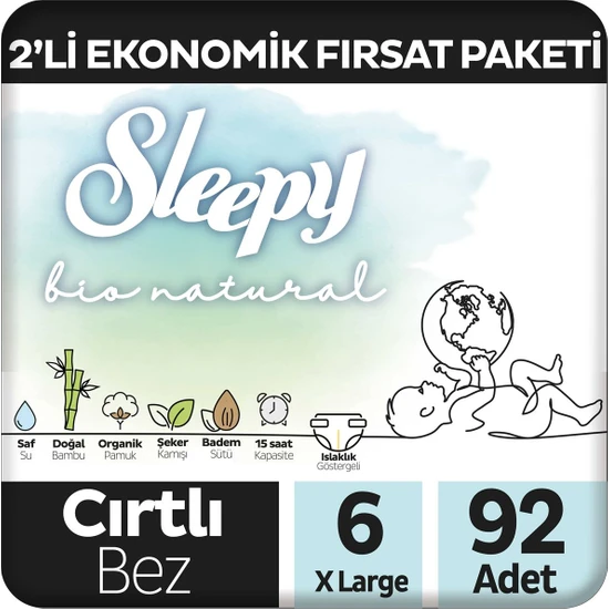 Sleepy Bio Natural 2'li Ekonomik Fırsat Paketi Bebek Bezi 6 Numara Xlarge 92 Adet