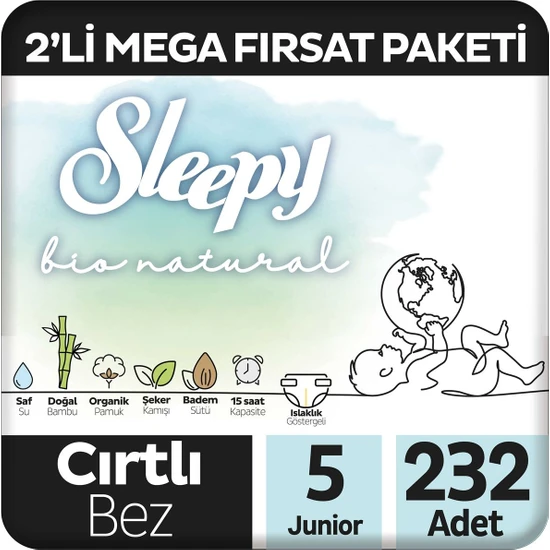 Sleepy Bio Natural 2'li Mega Fırsat Paketi Bebek Bezi 5 Numara Junior 232 Adet