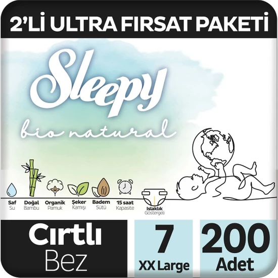 Sleepy Bio Natural 2'li Ultra Fırsat Paketi Bebek Bezi 7 Numara Xxlarge 200 Adet