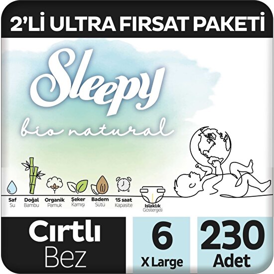 Sleepy Bio Natural 2'li Ultra Fırsat Paketi Bebek Bezi 6 Numara Xlarge 230 Adet
