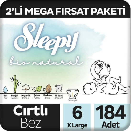 Sleepy Bio Natural 2'li Mega Fırsat Paketi Bebek Bezi 6 Numara Xlarge 184 Adet