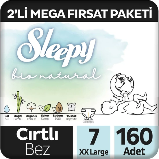 Sleepy Bio Natural 2'li Mega Fırsat Paketi Bebek Bezi 7 Numara Xxlarge 160 Adet