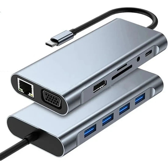 Ocado 11 In 1 Type-C To USB Hub Port Uyumlu Adaptör Hdmı 4x USB Lan VGA Sd Card Çevirici Çoklayıcı
