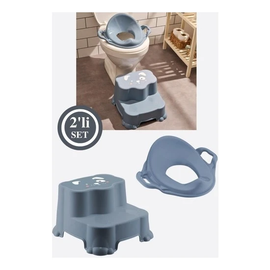 Sepetkitchen Kaydırmaz Çift Basamaklı Çocuk Taburesi ve Klozet Tuvalet Alıştırma Adaptörü 2'li Set