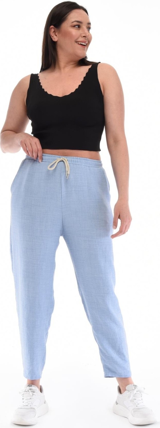 Cedy Denim Kadın Büyük Beden Sentetik Keten Yüksek Bel Lastikli Dar Paça Mom Pantolon C611