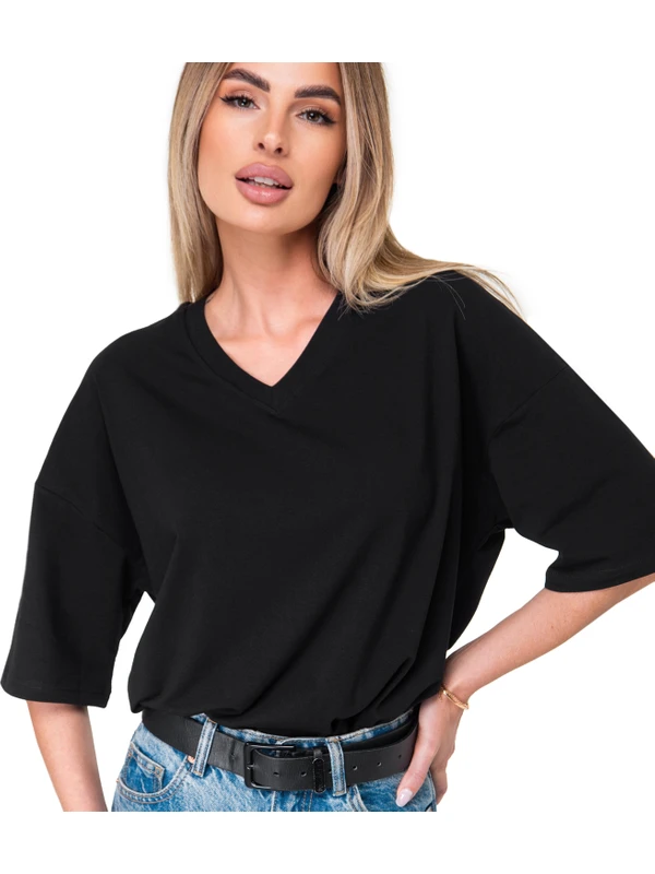Happyfox Pamuklu Kadın V Yaka Oversize T-Shirt Siyah