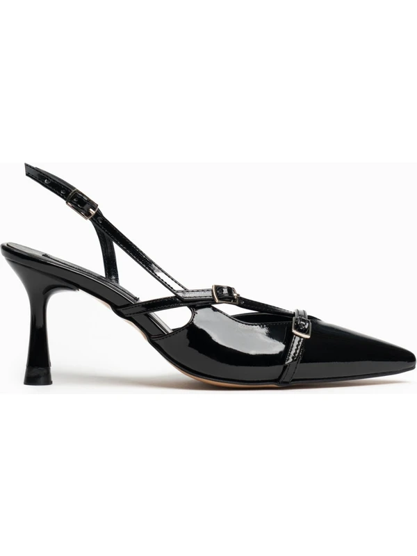 Nişantaşı Shoes Wanda Siyah Rugan Kemer Detay Bilek Bağlı Kadın Topuklu Ayakkabı