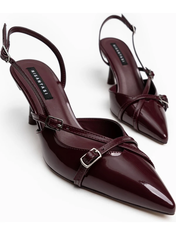 Nişantaşı Shoes Wanda Bordo Rugan Kemer Detay Bilek Bağlı Kadın Topuklu Ayakkabı