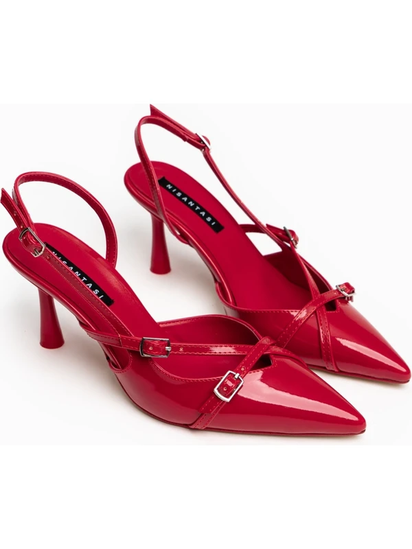 Nişantaşı Shoes Wanda Kırmızı Rugan Kemer Detay Bilek Bağlı Kadın Topuklu Ayakkabı