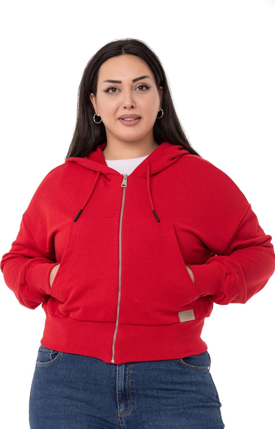 Disentis Modest Büyük Beden Kanguru Cepli Kapüşonlu Üç Iplik Kırmızı Sweatshirt