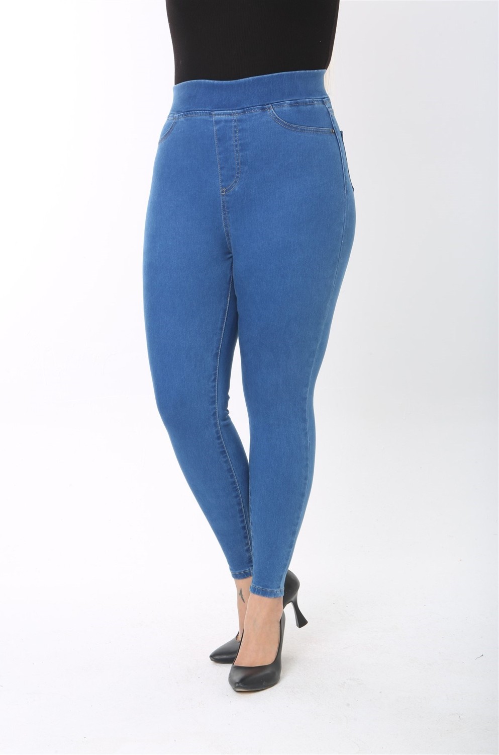 Cedy Denim Kadın 42-58 Beden Aralığı Beli Lastikli Sahte Cepli Toparlayıcı Pantolon C608 görsel 3