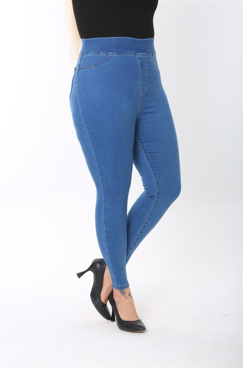 Cedy Denim Kadın 42-58 Beden Aralığı Beli Lastikli Sahte Cepli Toparlayıcı Pantolon C608 görsel 4